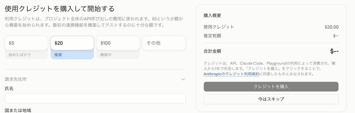 クレジット購入画面。$5・$20・$100・その他から金額を選ぶ。右側に購入概要が出る