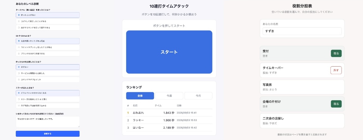 3つのアプリの画面を横に並べたもの。左が選択式の質問が並ぶ診断アンケート、中央がスタートボタンとランキングのあるクリックバトル、右が役割を取る・外すボタンが並ぶ役割分担表