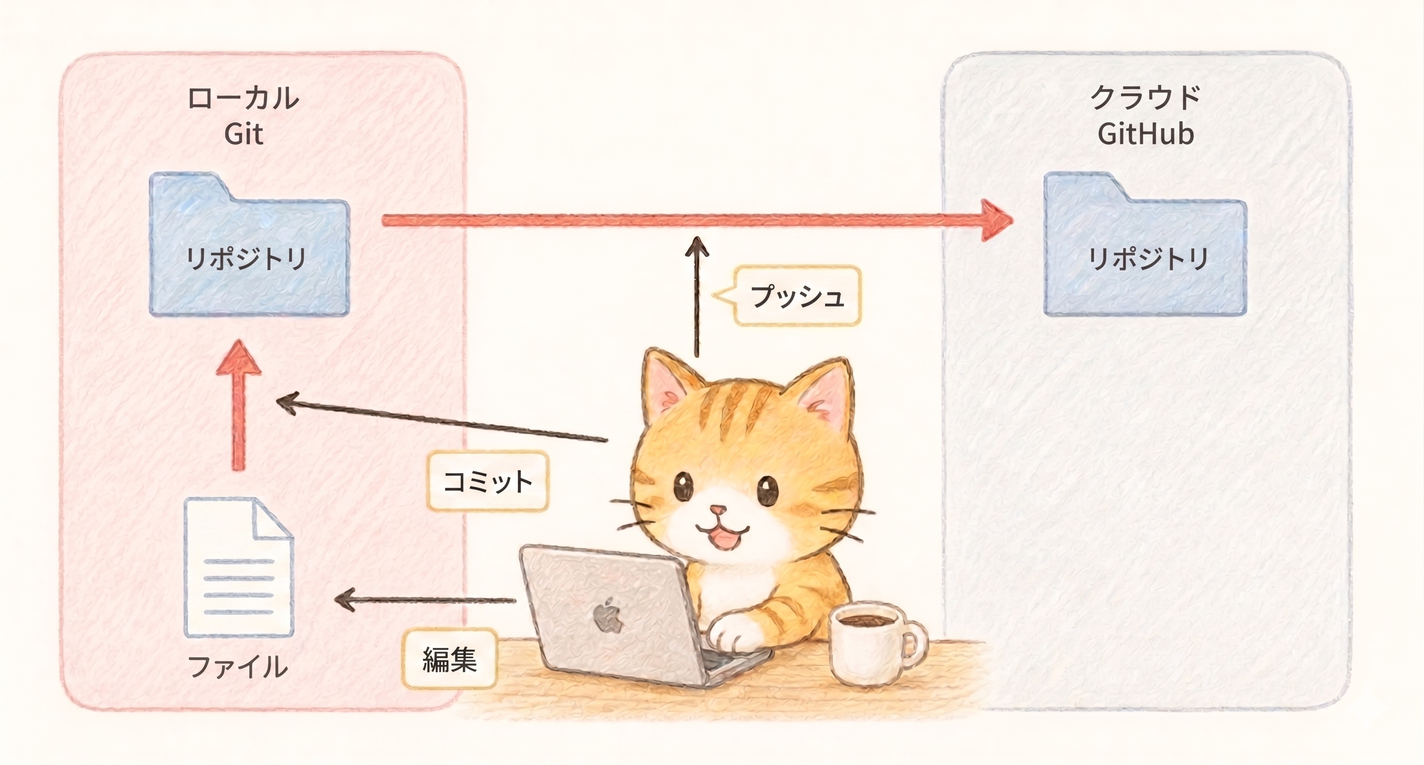 ローカルの Git(ファイルを編集→コミットでリポジトリに記録)から、GitHub へプッシュしてクラウドのリポジトリに反映する流れの図